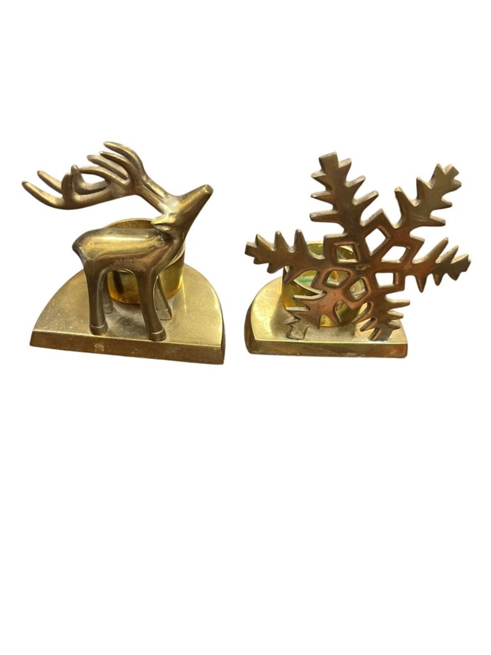 Vintage Solid brass xmas reindeer snow flake tealight candle holders SKU 10-235